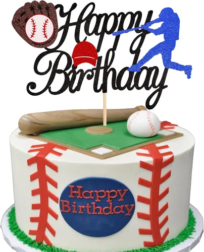 1 pieza de decoración para pastel de cumpleaños feliz con temática de béisbol, jugador de béisbol de purpurina, decoración temática deportiva para P5