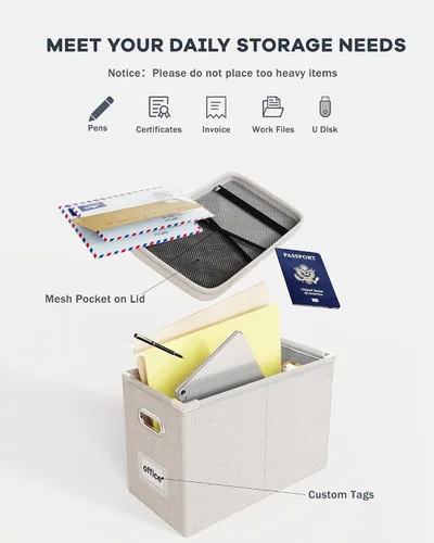 Miniatura 4 de Oterri Caja organizadora de archivos con tapa, caja de archivos colgante con bolsillo de malla, caja organizadora de documentos para archivos