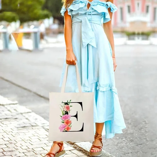 Miniatura 7 de Bolsa de lona con letra inicial personalizada, regalo para el día de la madre, damas de honor, novia, cumpleaños, boda Flower-E