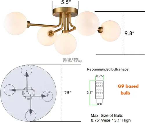 Miniatura 2 de CLAXY Sputnik - Lámpara de techo dorada semiempotrada con pantallas de globo para dormitorio, comedor, pasillo