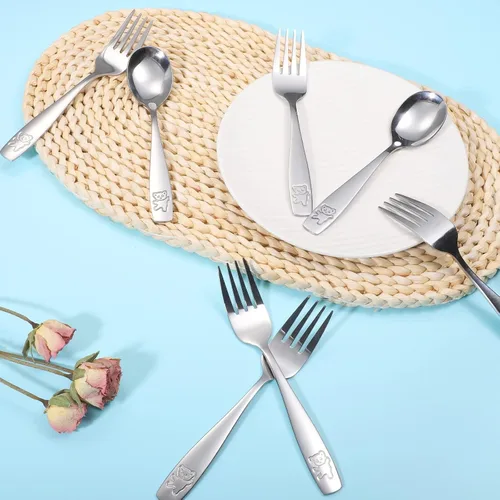 Miniatura 7 de Juego de cubiertos de 16 piezas para niños pequeños, tenedores y cucharas de acero inoxidable para niños, juego de cubiertos de metal seguro