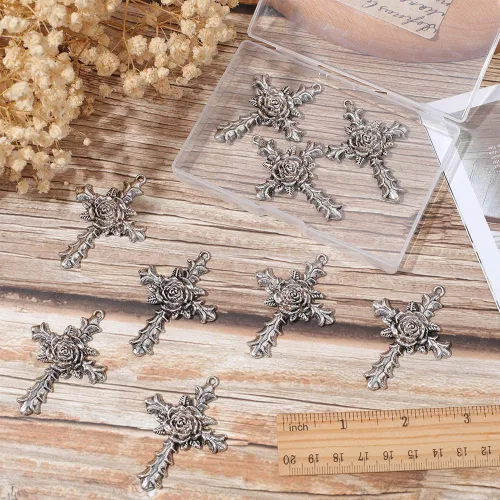 Miniatura 3 de SUNNYCLUE 10 dijes de cruz estilo tibetano, plata antigua, cuentas grandes con flores de rosas, crucifijo vintage para hacer joyas de Pascua