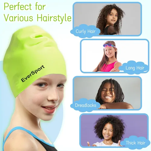 Miniatura 5 de EverSport Gorro de natación grande para niñas de 6 a 14 años, gorra de natación de silicona de pelo largo para trenzas que mantiene el cabello seco