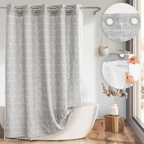 Miniatura 14 de Cortina de ducha River Dream de estilo granja gris con forro a presión, no necesita ganchos, con imanes, con borlas, repele el agua y es lavable a