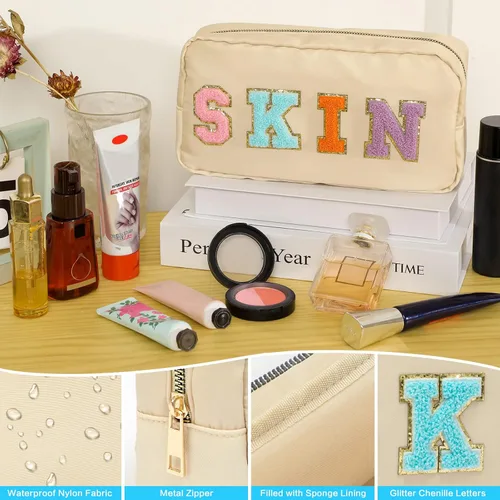 Miniatura 3 de DYSHAYEN Bolsa de Cosméticos de Nylon Pequeña, Bolsa de Maquillaje Preppy de Viaje para Mujeres y Niñas con Parches de Letras de Chenilla, Beige-Skin
