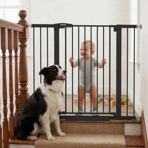 Miniatura 14 de Mumeasy Puerta de bebé de 29.7-46 pulgadas para escaleras, puerta de perro montada a presión para puertas, puerta de cierre automático a través
