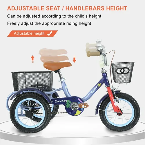 Miniatura 6 de Triciclo de 12 pulgadas, triciclo para niños, triciclo para niños, para edades 3+ ciclistas principiantes, con cesta delantera y trasera y asiento