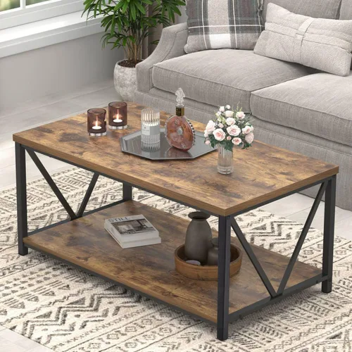 Miniatura 12 de EXCEFUR Mesa auxiliar, mesa de sala de estar de madera rústica y metal, mesa central rectangular industrial con estante de almacenamiento, 47 Gris