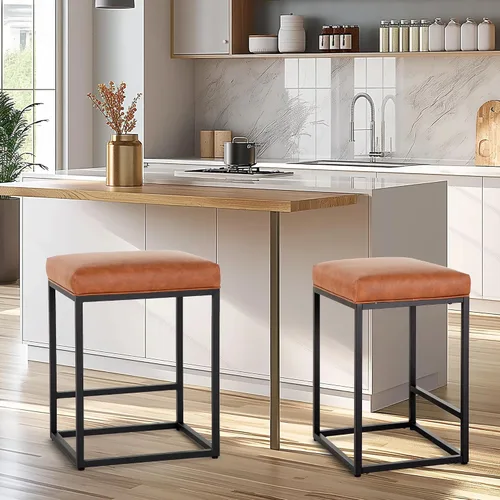 Miniatura 8 de Juego de 4 taburetes de bar marrones para encimera de cocina, taburetes de bar modernos sin espalda de 24 pulgadas, taburetes de bar industriales