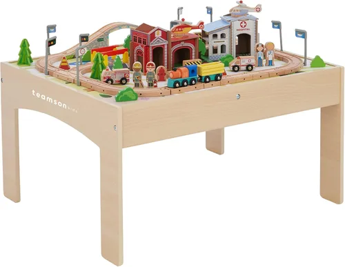 Teamson Kids Juego de mesa de tren con 85 piezas, mesa de actividades de laboratorio de juego preescolar con trenes de madera, coches, ferrocarril,