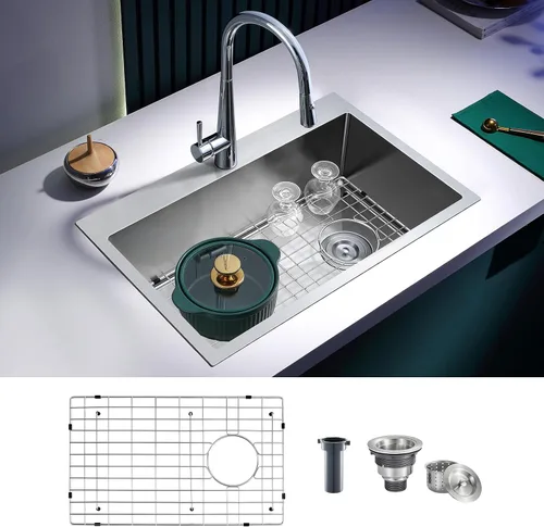 Miniatura 21 de Fregadero de barra empotrable de 13 × 15 pulgadas negro - Fregadero de cocina pequeño de montaje superior de un solo cuenco, hecho a mano de acero