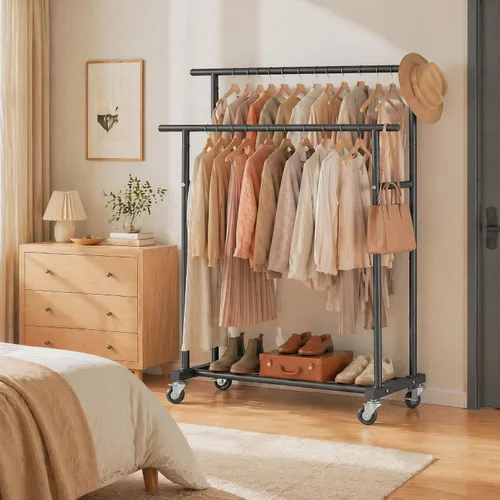 Miniatura 5 de Calmootey Perchero de ropa de doble varilla, organizador portátil para colgar ropa, organizador de ropa rodante para dormitorio, sala de estar, Negro