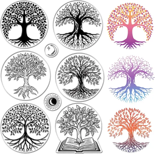 CRASPIRE Sellos transparentes de árbol de la vida, diseño de luna, reutilizables, de silicona, para diario, tarjetas, decoración, manualidades,