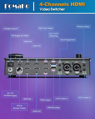 Miniatura 6 de FoMaKo Conmutador Mezclador de Video HDMI 4K, Pantalla LCD FHD de 5.5 Pulgadas, Conmutador de Transmisión en Vivo HDMI de 4 Canales, Entrada 4K