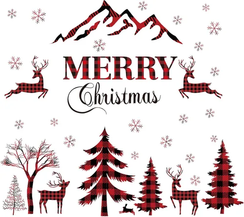 Adhesivo de pared de Navidad - Árbol de bufalo de cuadro rojo y negro, pegatinas de ventana de venado, nieve removible para decoración del hogar,