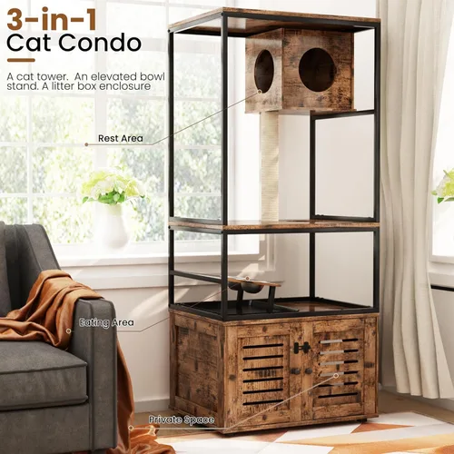 Miniatura 9 de AWQM Caja de arena grande para gatos, torre de árbol de 3 niveles con cuenco de alimentación elevado, postes rascadores, baño oculto, condominio