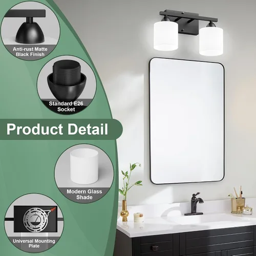 Miniatura 2 de Luces de baño negras sobre espejo, lámpara de tocador anti-óxido para baño, moderna lámpara de pared de 2 luces para sala de estar, base estándar