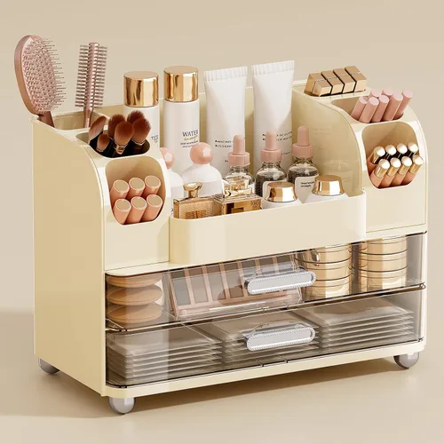 Miniatura 8 de UFORU Organizador de maquillaje para tocador con 2 cajones grandes, vitrina de cosméticos con soportes para cepillos, fácil de almacenar