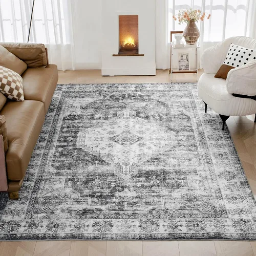 Miniatura 11 de Alfombras de 6 x 9, alfombras grandes lavables con flores estilo boho, alfombra de pelo bajo antideslizante y ultradelgada, alfombra para puerta