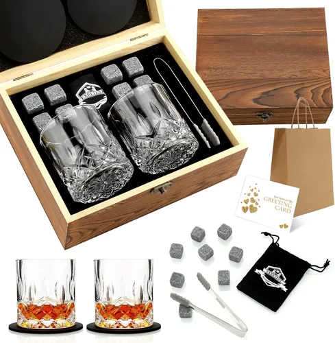 Regalos de Whisky para Hombres - Juego de Regalo de Piedras de Whisky y Vasos - Piedras de Granito Enfriadoras Rocas de Whisky - Caja de Regalo de