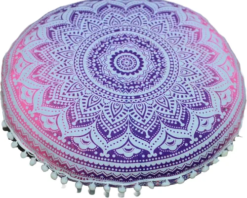 Miniatura 7 de Funda de almohada redonda con diseño de mandala, para asiento, otomano, con pompones, hippie, decorativo, bohemio, indio, de 22 pulgadas