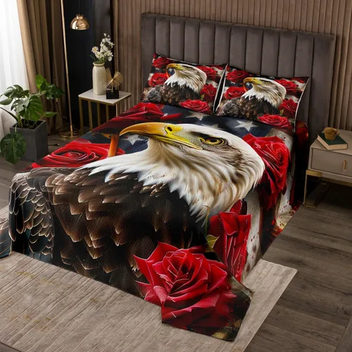 Colcha estampada con águila calva, diseño de cultura americana con bandera estadounidense y rosas y patrones de animales salvajes, ropa de cama Rojo
