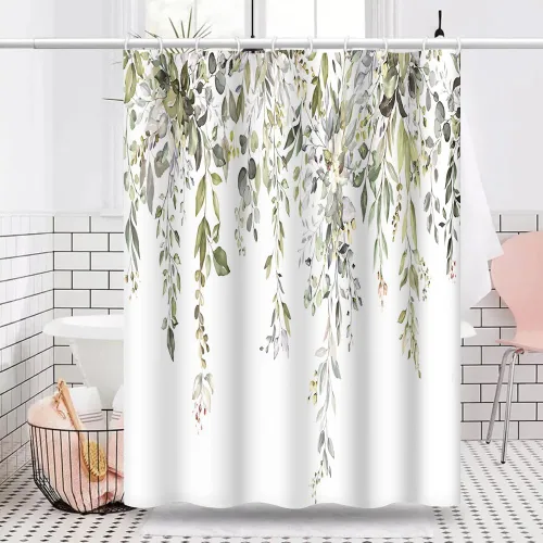 Miniatura 23 de Cortinas de ducha botánicas verdes de 36 x 72 pulgadas, hojas de eucalipto naturales de primavera para minimalismo moderno, decoración de baño, tela