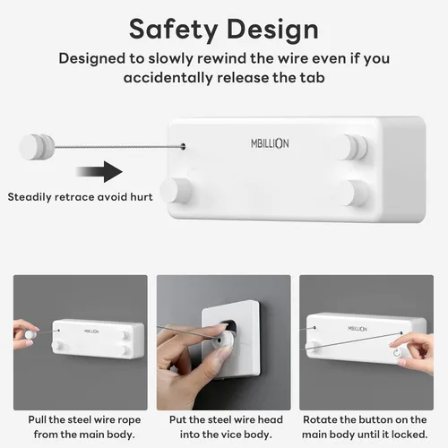 Miniatura 5 de Mbillion Tendedero retráctil de acero inoxidable de 13.8 pies, línea de ropa doble retráctil para interiores, resistente, línea de lavandería