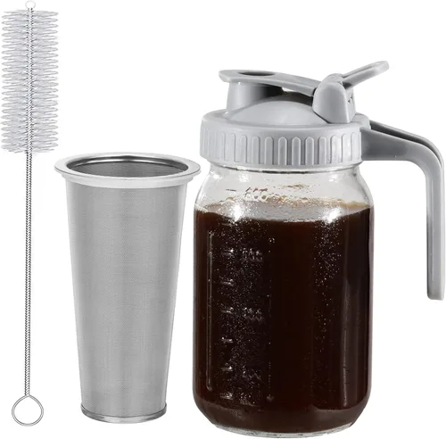 Glyntrof Cafetera de Café Frío Jarra de Vidrio, Frasco Mason de 32 oz con Tapa con Asa y Pico Vertedor con Filtro de Acero Inoxidable para Café Gris
