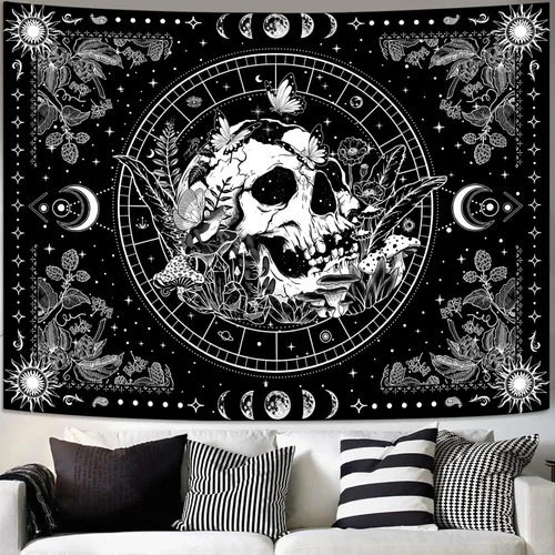Miniatura 3 de Aipon Tapiz de esqueleto en blanco y negro para dormitorio, tapiz de calavera, setas, tapices hippie, plantas naturales, flores florales, tapiz