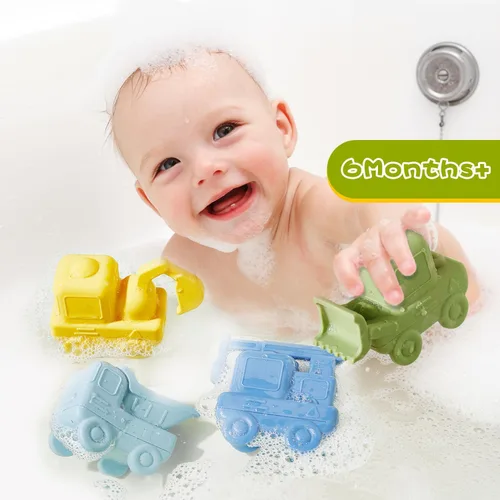 Miniatura 2 de Juguetes de baño sin moho para niños pequeños, paquete de 4 juguetes de baño de silicona de grado alimenticio, camión fácil de limpiar y juguete