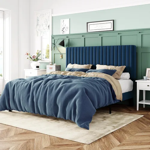 Miniatura 17 de Allewie - Base de cama tamaño King con cabecera acolchada tapizada en terciopelo y diseño acanalado vertical ajustable; plataforma de cama con base