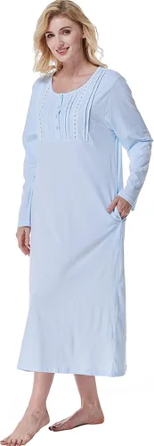Miniatura 8 de Keyocean Camisones para mujer con bolsillos, 100% algodón, suave, ligero, manga larga, camisón para mujer