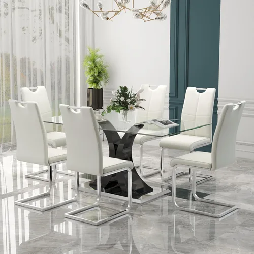 Miniatura 19 de Juego de comedor moderno de vidrio de lujo de 5 piezas, juego de cena rectangular minimalista grande para 4, juego de mesa de cocina de vidrio
