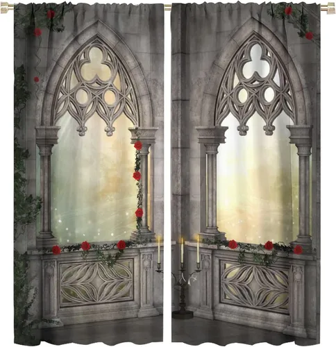 Miniatura 34 de Cortinas góticas con diseño de luna de Halloween, historia, puerta espeluznante, fondo de terror, vela, ficción, patrón de impresión, sala de estar