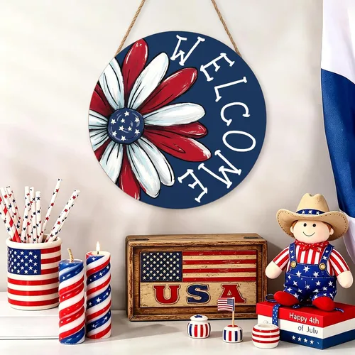 Miniatura 3 de Decoración del 4 de julio, letrero de puerta del Día de los Caídos de 12 x 12 pulgadas, colgante de puerta de madera patriótica estadounidense