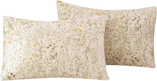 Miniatura 33 de ECOCOTT Floral Pillowcases Standard Size Set of 2, 100% Washed Cotton Pillow Cases with Envelope Closure, Beige Botanical Wildflower Printed Pillow
