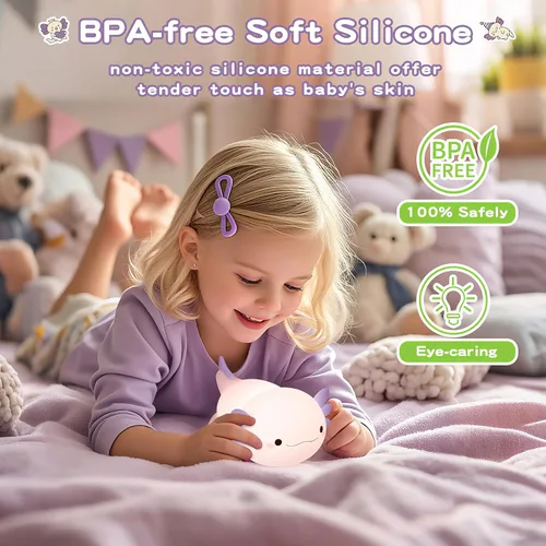 Miniatura 4 de FAMIDUO Axolotl - Luz nocturna para niños, bonita lámpara de ajolote morado, luz nocturna LED blanda para guardería, lámpara táctil de cabecera