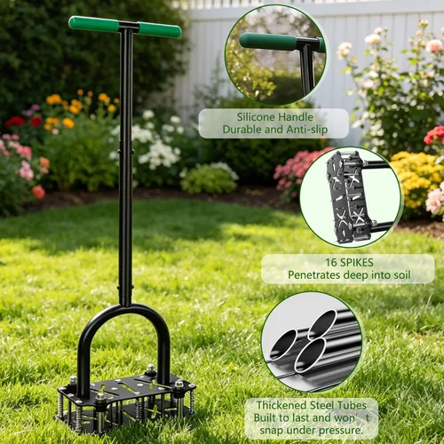 Miniatura 5 de Aireador de césped ajustable con resorte de rebote – 16 picos de metal afilados aireador de suelo con mango ergonómico en T y placa de pie ancha