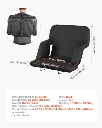 Miniatura 7 de VEVOR Stadium Seat, 6 Adjustable Angle Wide Bleacher Chair, 2.9'' Cushion Padded Stadium Seat with Armrest and Back Support, Stadiums Chair with
