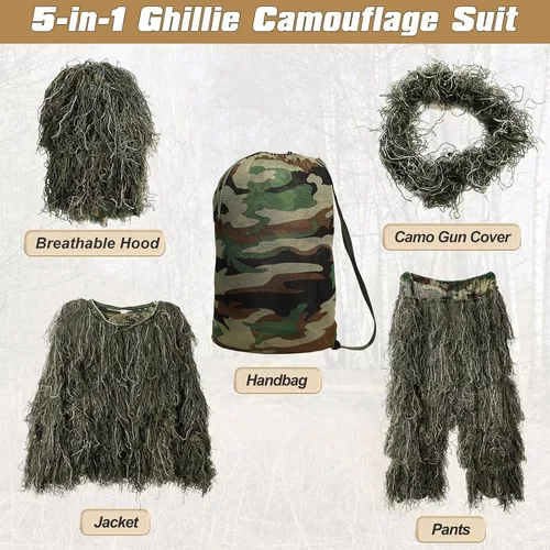 Miniatura 4 de DoCred Traje Ghillie 5 en 1, ropa de caza de camuflaje 3D con chaqueta, pantalones, capucha, bolsa de transporte para adultos/jóvenes, S/M/L/XL/XXL