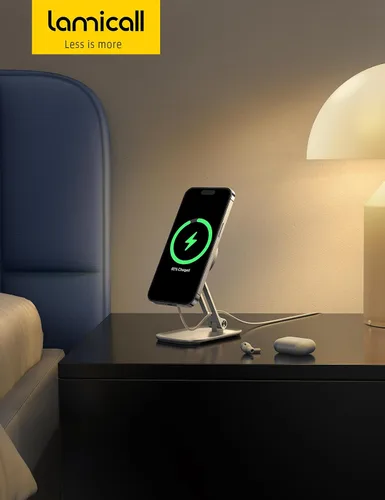 Miniatura 7 de Lamicall Soporte de teléfono para cargador MagSafe de 15 W de Apple, doble bisagra, plegable, ajustable, soporte de carga para mesita de noche, apto