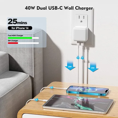 Miniatura 4 de Cargador rápido para iPhone, cargador para iPhone 14 [certificado MFi] de 40 W, bloque de cargador de pared plegable de doble puerto USB-C rápido