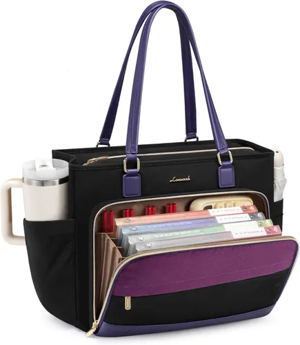Miniatura 9 de LOVEVOOK Bolsa de mano para profesores, bolsa para laptop para mujer con portavasos grande y área de archivo de acordeón, bolsa de trabajo
