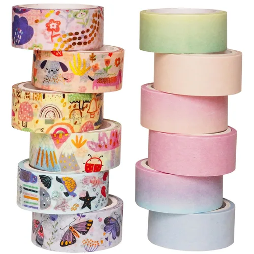 Miniatura 10 de Bonito juego de 12 rollos de cinta washi de papel de aluminio dorado para dibujo de dibujos animados, cintas decorativas para artes, manualidades