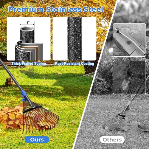 Miniatura 3 de Rastrillo de jardín ajustable para hojas - Rastrillo de metal resistente con cabeza expandible de 8-17" de largo, mango largo para césped, arbustos