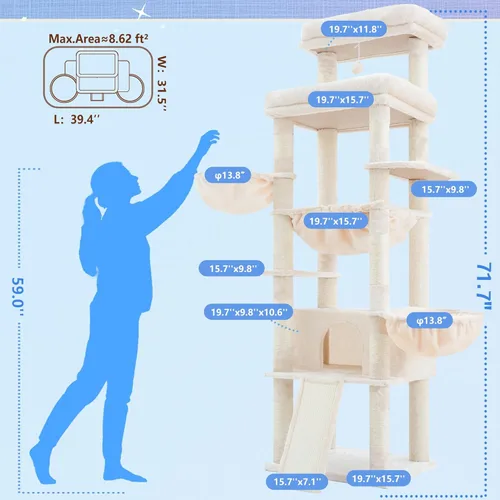 Miniatura 2 de Hey-brother Torre de árbol para gatos, postes rascadores con plataforma y cesta extra grande, condominio especial, 2 hamacas acogedoras, tabla