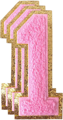 Miniatura 131 de 3 parches de números de chenilla negra, tamaño grande de 4-1/2" parches de números para planchar, parches universitarios para ropa, 8" Borde oro rosa
