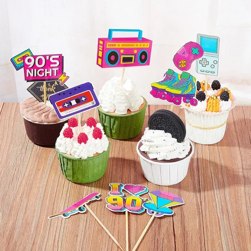 Miniatura 4 de Tenare 41 piezas de decoración de cupcakes de los años 90, decoración retro de fiesta de los años 90, hip hop, pastel, música, danza, patinaje