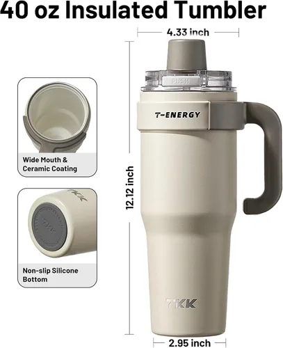 Miniatura 5 de TKK Vasos aislados de 40 onzas con asa y pajilla, taza de viaje de acero inoxidable con revestimiento de cerámica, taza de café helado de doble